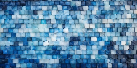 Closeup Detail Of A Mosaic Texture Featuring Varying Shades And Sizes Of Blue Tiles Arranged In A Gridlike Pattern. Сoncept Mosaic Art, Blue Tiles, Texture Detail, Grid Pattern