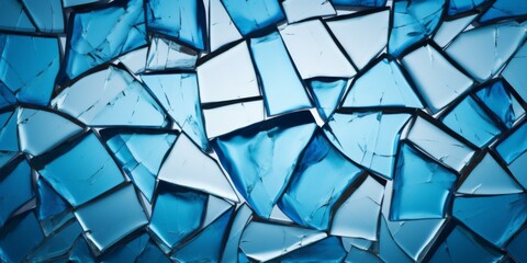 Captivating Mosaic Of Broken Glass: A Closeup View Of A Shattered Blue Mirror. Сoncept Bold Typography Design: Eye-Catching Fonts For Graphics And Advertising - obrazy, fototapety, plakaty