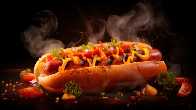 Delicious Hot Dog New York Streetfood Gourmet Frankfurter Sausage Bratwurst Chili Corn Footlong Mustard Relish Grilled Kraut All-Beef Street Cart Food Truck Pommes Foodporn Steak Fries Smoke Flames