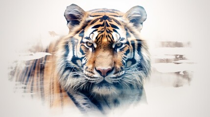 Striped bengal tiger in double exposure merge its head - obrazy, fototapety, plakaty