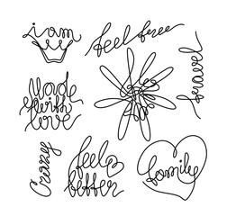 Inspirational lettering set, mood inscription, continuous line drawing, calligraphy text small tattoo, print for clothes, t-shirt, emblem or logo design, handwritten inscription, isolated vector.