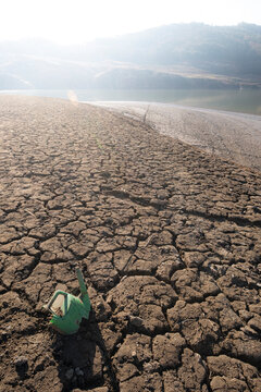 Desolate landscape of dry and broken land in the Sau reservoir, Panta de Sau, due to the greatest drought in Catalonia in history