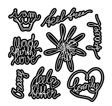 Lettering calligraphy brush text holiday stickers set, hand drawn motivation posters, continuous line drawing, print for clothes, t-shirt, emblem, logo design, handwritten inscription, isolated vector