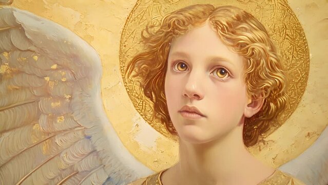 A golden halo encircles the head of a Renaissance Gothic angel captured in a vibrant oil painting that exudes an aura of spirituality and grace.