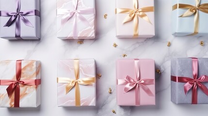 Top view different wrapped gift boxes on white marble multicolored various presents giving package
