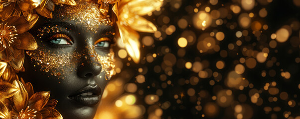Women with golden flower makeup on black background.