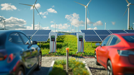 2 electric cars are charging at a station in front of the solar and wind farms.