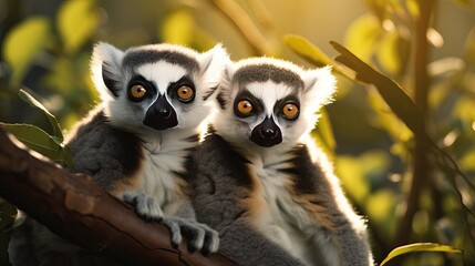 Obraz premium Vertical shot of cute ring-tailed lemurs playing on a tree in a park
