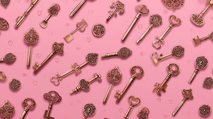 Naklejka premium Vintage keys pattern on pink background