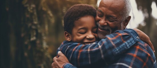 Fototapeta premium Father and son embracing emotionally, experiencing tears and joy.