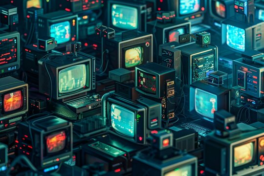 A collection of obsolete televisions gather dust in an abandoned room, a somber reminder of the ever-changing landscape of technology and the fleeting nature of our possessions
