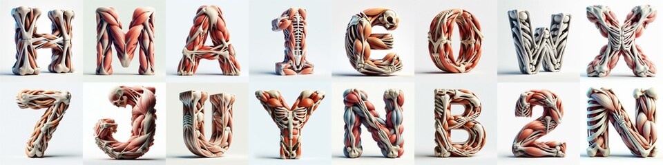 3D lettering what blend Bones and Muscles. AI generated illustration