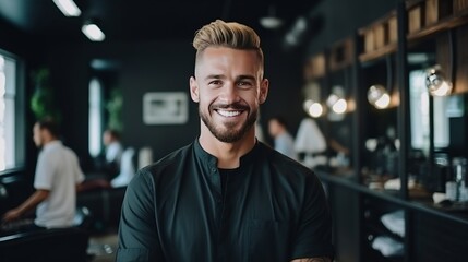 Young confident blonde male barber in uniform points at side isolated on green space with copy space