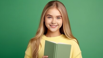 Young smiling blonde russian girl thumbs up and holds book isolated on green background with copy space