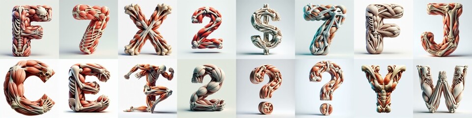 3D lettering what blend Bones and Muscles. AI generated illustration - obrazy, fototapety, plakaty