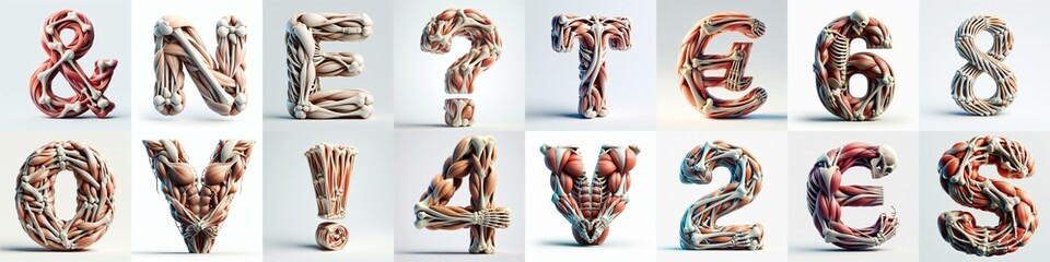 3D lettering what blend Bones and Muscles. AI generated illustration - obrazy, fototapety, plakaty