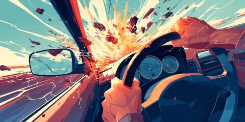 Comic-Style Poster Design: Driver's Fear Leads To Loss Of Control And Collision. Сoncept Abstract Painting, Urban Landscapes, Romantic Portraits, Wildlife Photography, Fashion Editorial