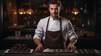 Close-up of a handsome smiling Man Pastry chef in an apron making desserts in the kitchen. Cooking, bakery, pastry shop, food concepts.