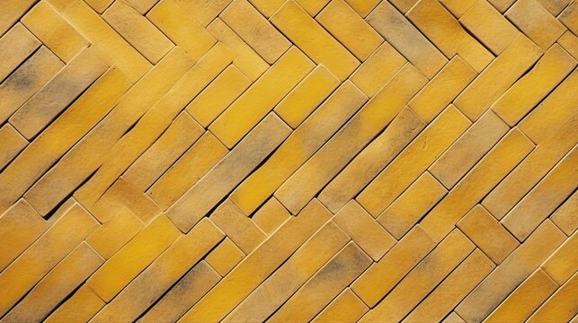 Pattern with rectangular yellow brick tiles in the form of a herringbone diagonal texture abstract background of old brick ceramic cobblestone top view idea for easy desk wallpaper