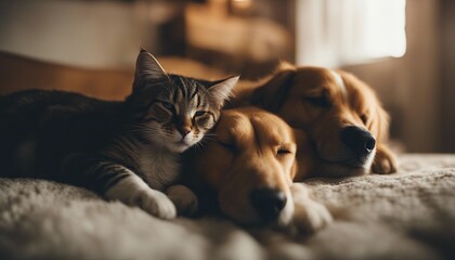 cat and dog sleep together on the floor inside the house in friendship

 - obrazy, fototapety, plakaty
