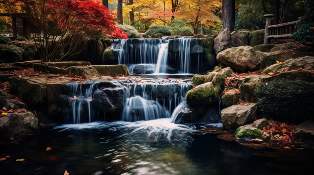 Photography on theme beautiful fall water from garden waterfall