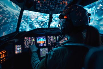 Pilot in virtual reality flight simulator. Virtual reality, augmented reality concept. VR / AR metaverse simulation. Futuristic technology and future. Professional training