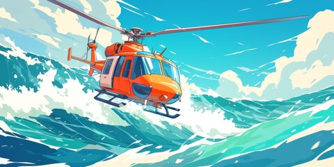 Helicopter Packed With Passengers Plunges Into The Ocean, Spelled With Disaster In Comicstyle Poster Design. Сoncept Helicopter Disaster, Ocean Plunge, Comic-Style Poster Design