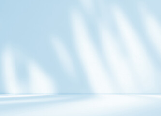 Empty blue pastel room studio with leaves shadow effect overlay. Interior design background for product presentation display. Cosmetic showroom. Minimal Mock up design. Winter colour backdrop. 