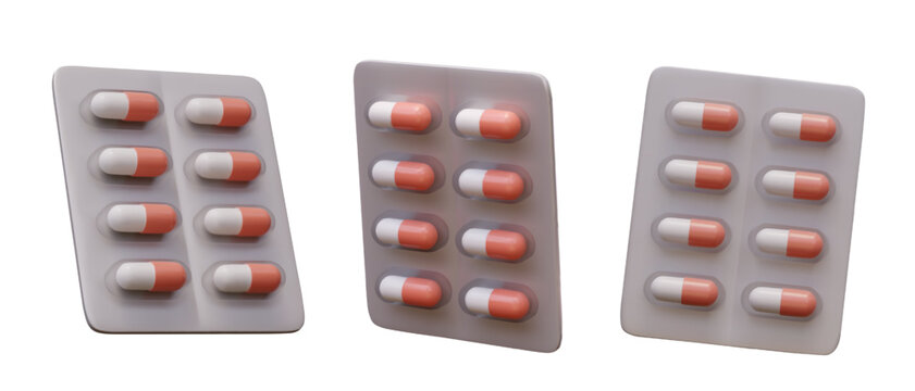 Collection of different blisters with colorful medical products in red and white colors