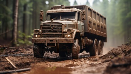 Dump truck on a wet road in the forest at night.