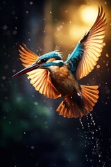 Close-up Beautiful kingfisher nose-dive, cinematic lighting Generative AI