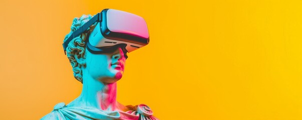 Statue with VR glasses on vibrant yellow backdrop. Virtual reality, augmented reality concept. VR / AR metaverse simulation. Modern art and future technology. Design for banner, header with copy space - obrazy, fototapety, plakaty