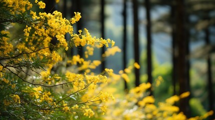 Scenic view of yellow flower trees in forest