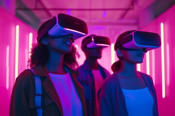 Group of people experiencing VR technology in neon room. Virtual reality, augmented reality concept. VR / AR metaverse simulation. Futuristic technology and future. Friends, cooperative gaming