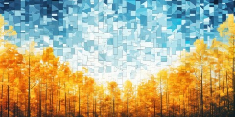 Autumn Mosaic: A Dynamic Digital Artwork Featuring A Vibrant Yellow Forest Landscape And Sky. Сoncept Abstract Nature