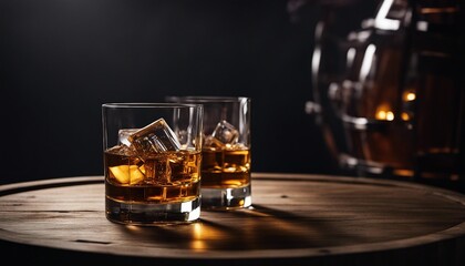 empty whiskey bottle and whiskey glass on a wooden whiskey barrel; isolated in dark background
