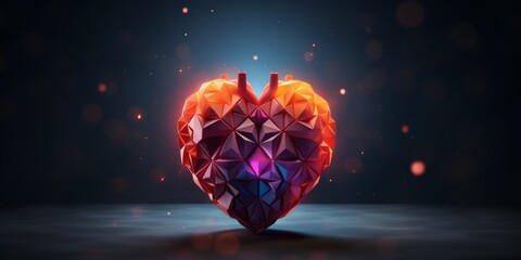 Vibrant Lowpoly Brain And Heart, Symbolizing Connectivity, Against A Dark Backdrop. Сoncept Creative Artwork, Symbolic Connectivity, Lowpoly Brain, Vibrant Heart, Dark Backdrop