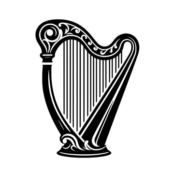 Vector black silhouette of a decorative harp isolated on a transparent background