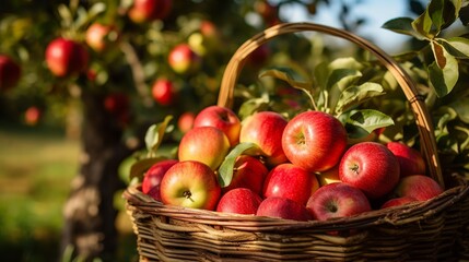 A female hand holds a basket with red ripe apples organic garden harvesting apples picking apples in autumn