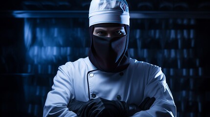 A front view young male cook in white cook suit white head cap in black gloves blue protective mask holding big metallic spoon - obrazy, fototapety, plakaty