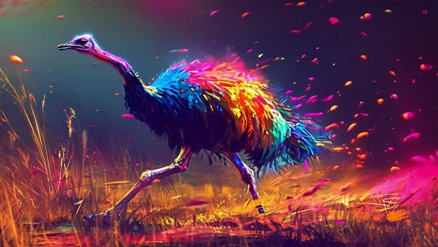 A neon ostrich running through the savannah its vibrant feathers leaving a trail of colors behind.