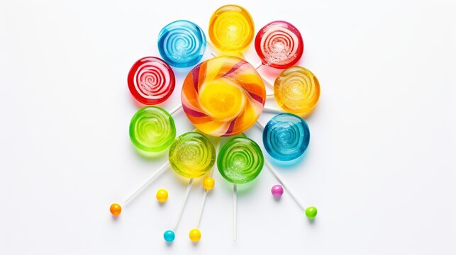 A top view colorful lollipops along with candies on white, color rainbow sugar
