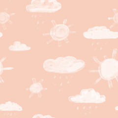 Childrens cute pattern, background, shapes, peachy color, seamless pattern, wallpaper, background, sun and clouds, chulky