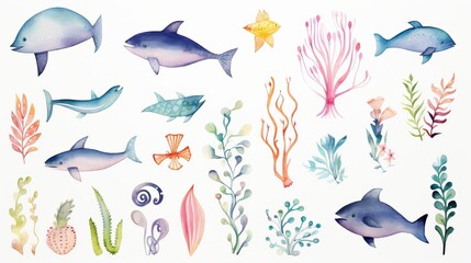 Abstract watercolor sea animals ocean creatures