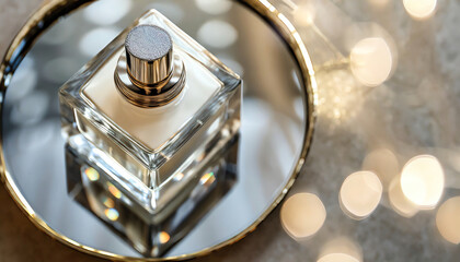 Glass perfume bottle stands on a silver tray. glittering bokeh