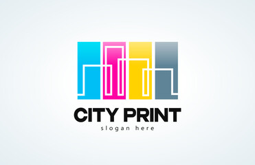 Logo City Print СMYK Polygraphy theme. Silhouette Buildings lines and squares style. Template design vector. White background.