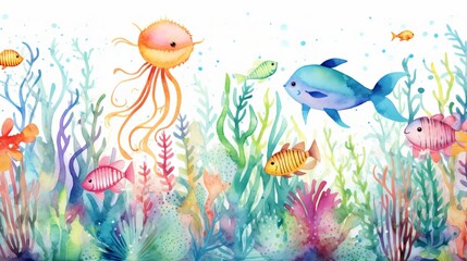 Fototapeta na wymiar Abstract watercolor sea animals ocean creatures