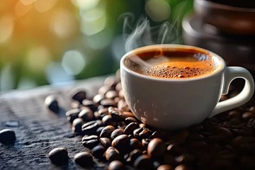  Closeup of warm cup of espresso on rustic wooden table showcasing rich aroma and steam of freshly brewed coffee with dark beans in background perfect for cozy morning break or breakfast © Thares2020