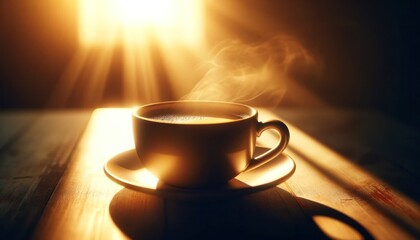 Close-up of a coffee cup in the dawn sunlight, highlighting a serene morning with a golden glow and steam rising, inviting a positive start to the day - obrazy, fototapety, plakaty