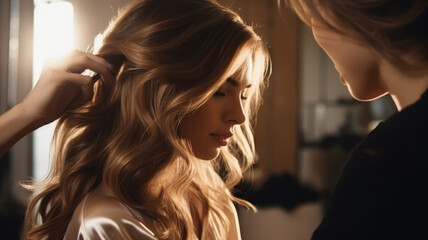 Fototapeta premium Stylist doing hairstyle for young woman